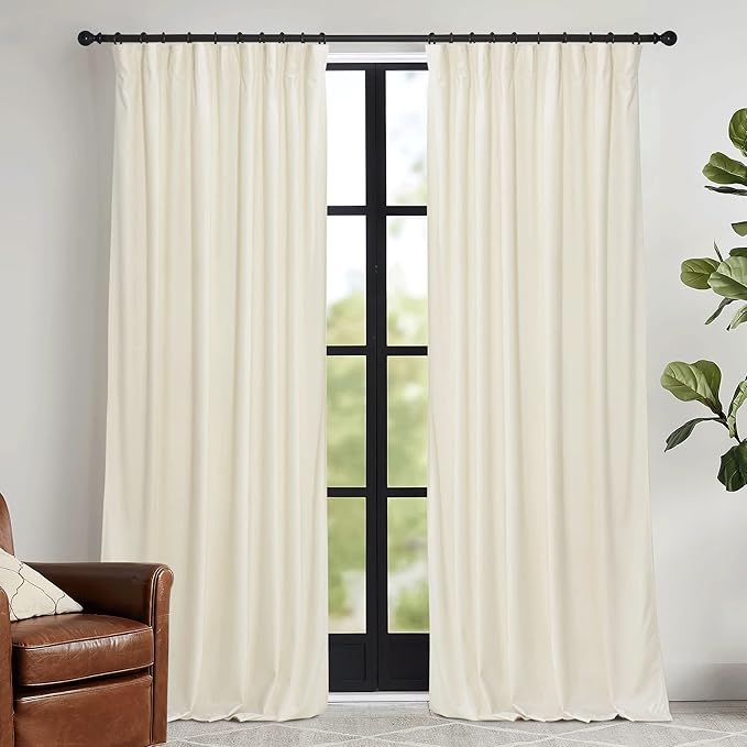 RYB HOME Cream Velvet Curtains 96 inch, Light Dimming White Window Curtains by RYBHOME
