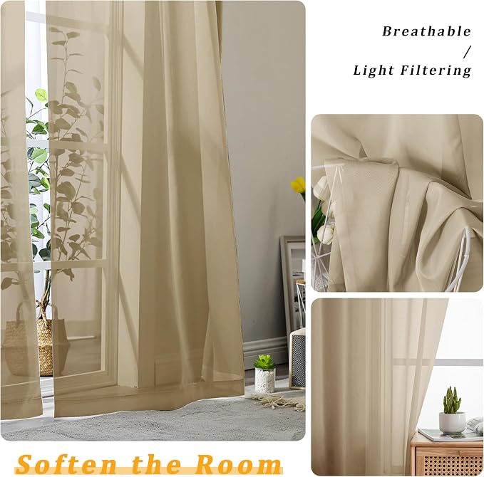 Gwine Taupe Sheer Curtain Tiers 24 Inch Length, Light Filtering Voile Short - Image 4