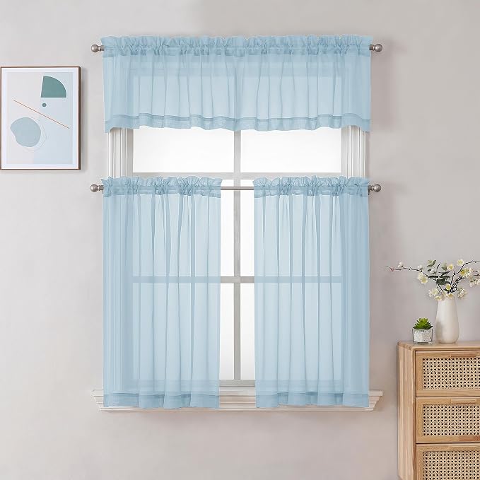 Gwine Sky Blue Sheer Curtain Tiers 24 Inch Length, Light Filtering Voile Short - Image 2