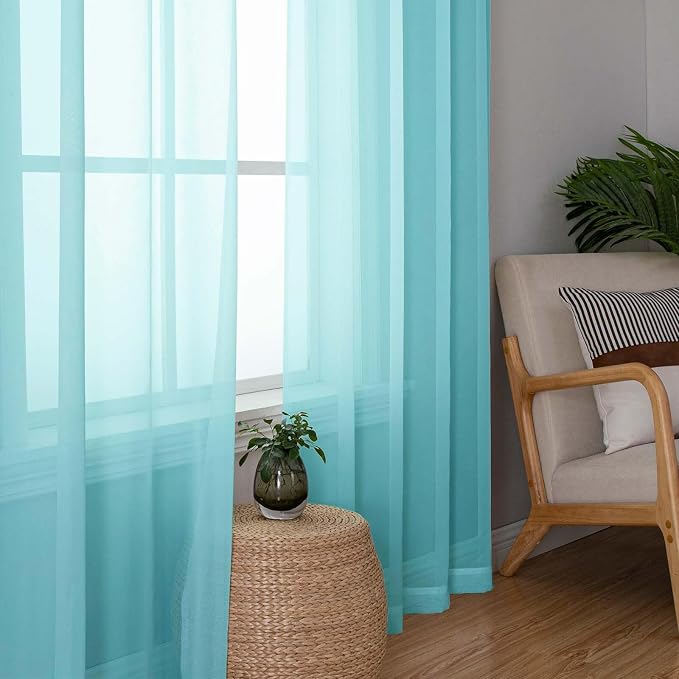 Lecloud Aqua Sheer Curtains for Living Room 96 Inches Long 2 Pcs, Dual Rod - Image 2