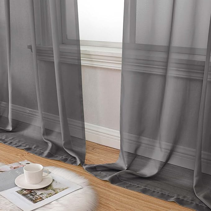 Sheer Grey Curtains for Bedroom Living Room 90 Inches Long 2 Panels Set - Image 8