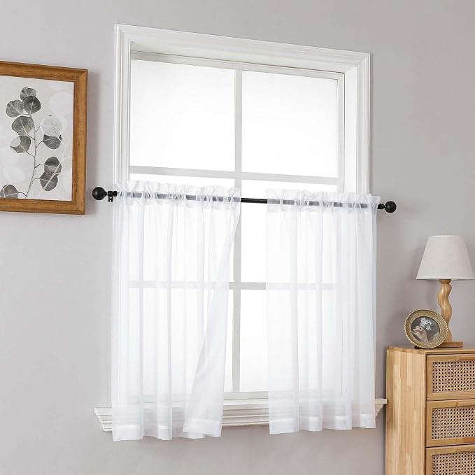 White Small Sheer Curtains 2 Panels Set, Kitchen Curtains 24 Inch Length - Image 8