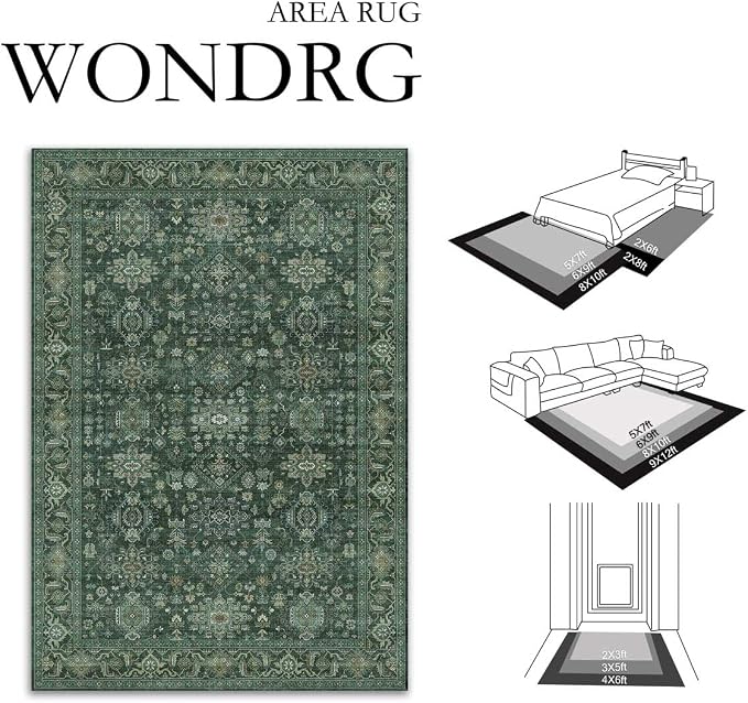 5x7 Washable Area Rug for Living Room Bedroom Vintage Green Soft Low Pile - Image 2