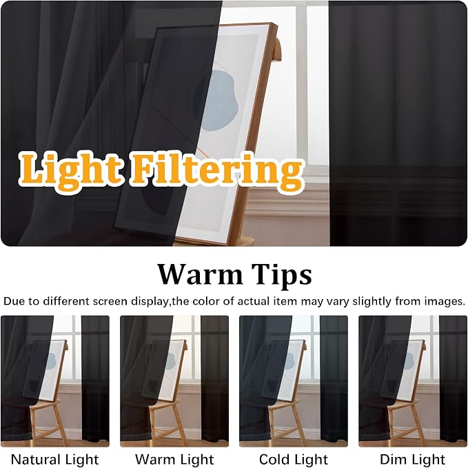 Gwine Black Sheer Curtains 84 Inches Long 2 Panels Set, Light Filtering Sheer - Image 5
