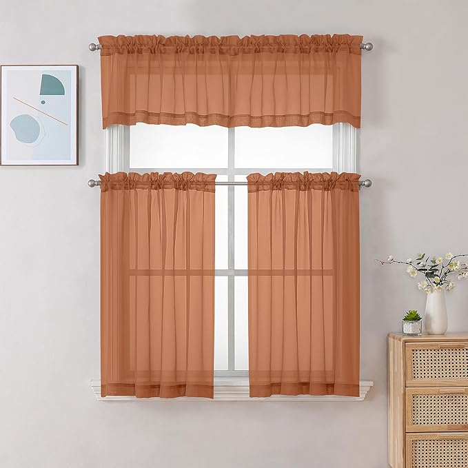 Gwine Burnt Orange Sheer Curtains 30 Inch Length, Short Light Filtering Voile - Image 2