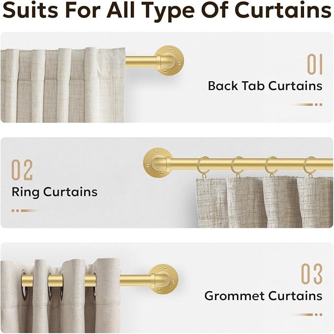 Zeerobee Curtain Rods for Windows 72 to 144, 1 Inch Industrial Wrap Around Gold - Image 8
