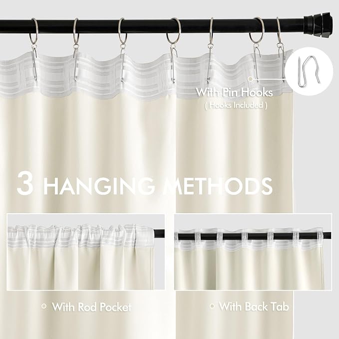 MIULEE Cream Back Tab Blackout Curtain 96 Inch Long 2 Panels Set - Image 3