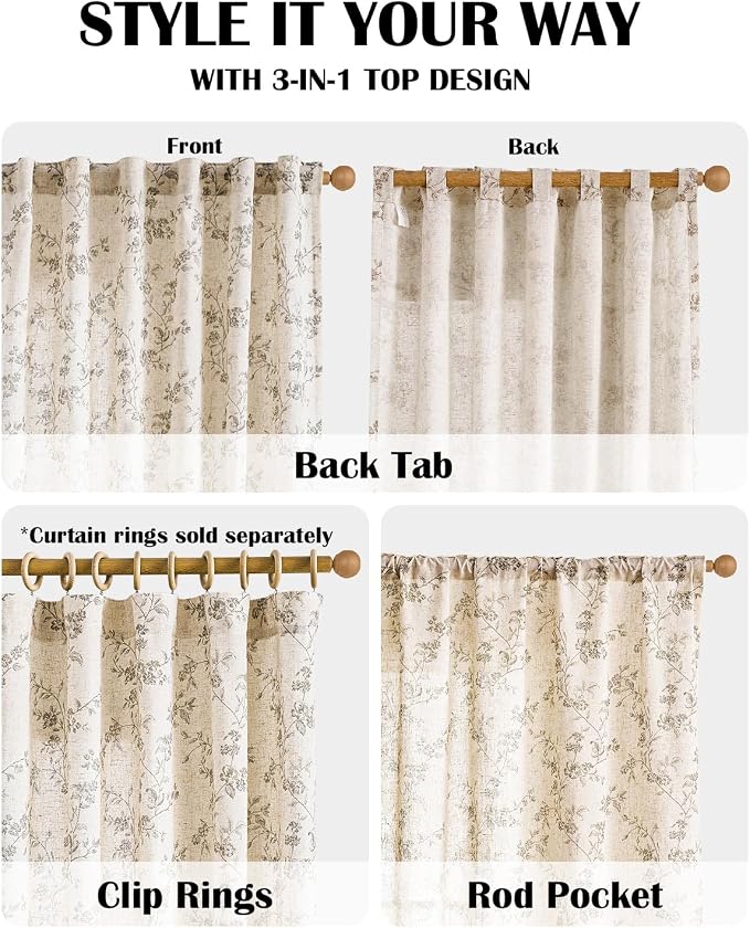 Lazzzy Floral Linen Curtains Farmhouse Extra Long Curtain - Image 4