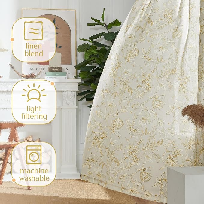 jinchan Floral Curtains 96 Inches Long Mustard Yellow Flower Linen Farmhouse - Image 7