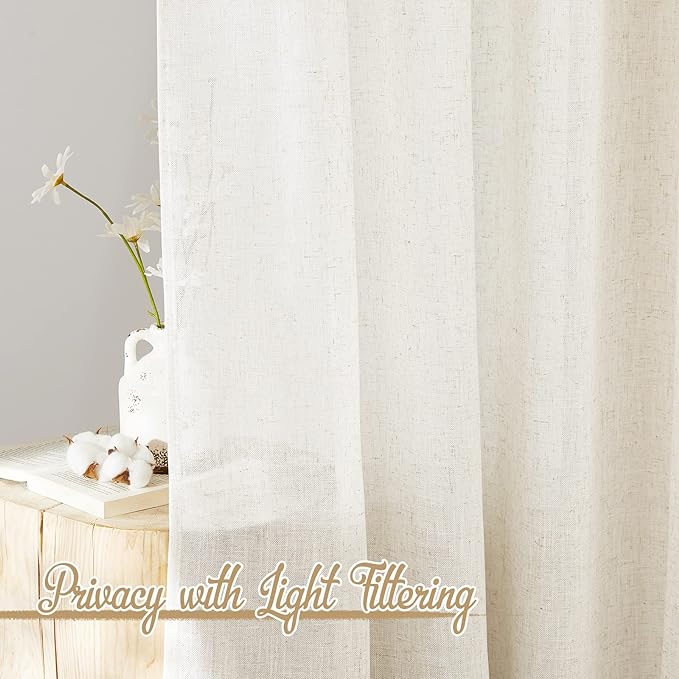 NICETOWN Linen Burlap Bedroom Curtains 63 inches Long, Grommet Semi Sheer Flax - Image 3