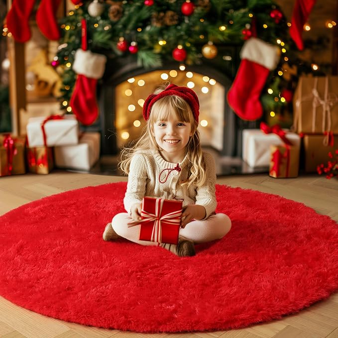 Red Circle Round Rug 7Ft for Living Room Bedroom, Large Fluffy Shag Area Rugs - Image 7