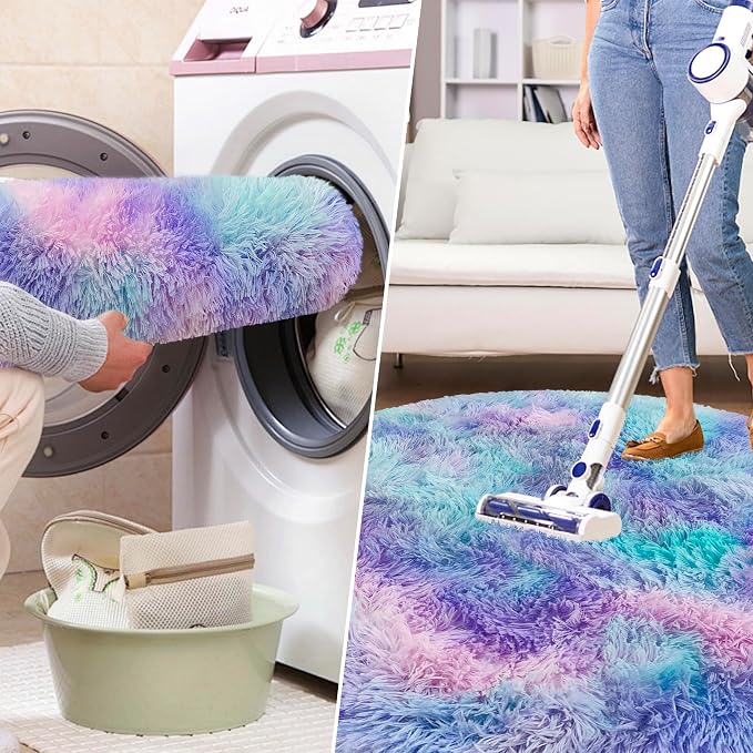 Tie Dye Rainbow Round Rugs Small 2x2 ft Fluffy Circle Rug Furry Carpet Shaggy - Image 7