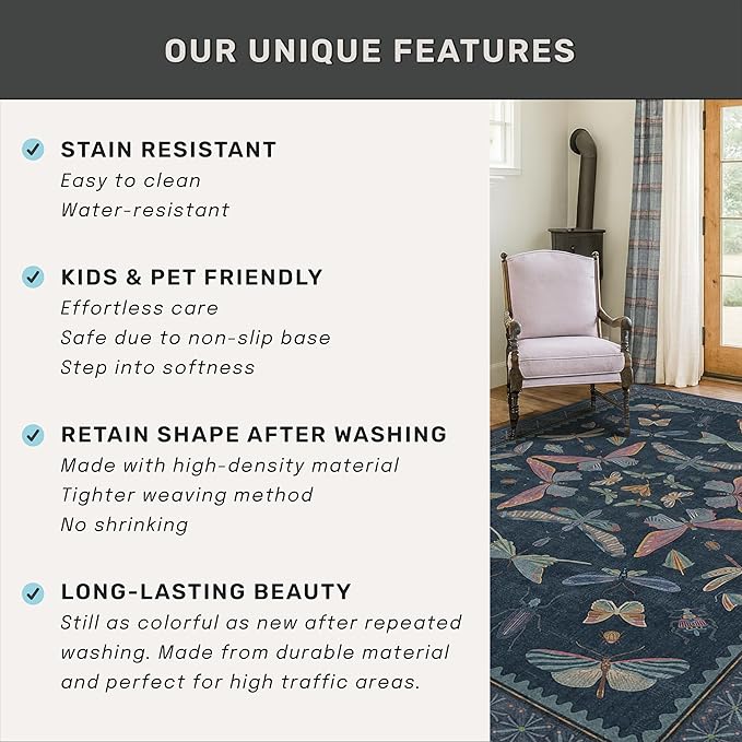 5x7 Navy Blue Boho Rugs for Living Room, Stain Resistant Non Slip Area Rug for - Image 6