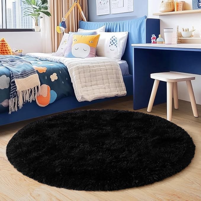 6‘x6’ Black Round Rug for Bedroom, Ultra Soft Fluffy Circle Rug for Kids Girls - Image 4