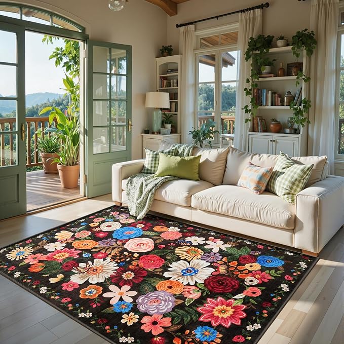 Black/Brown Area Rugs 10x14 Living Room, Non Slip Machine Washable Floral Rugs - Image 8