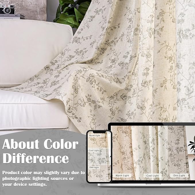 Lazzzy Grey Floral Linen Curtains 96 Inch Farmhouse Back Tab Drapes - Image 5