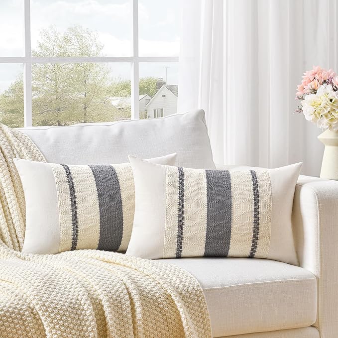 Fancy Homi Set of 1 Neutral Grey Farmhouse Long Lumbar Decorative Throw Pillow - Image 2