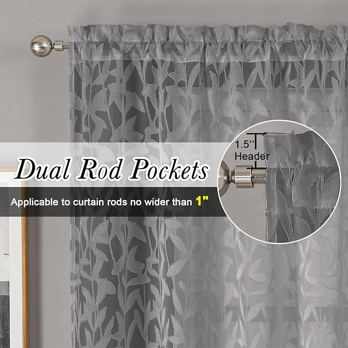 Lecloud Leia Charcoal Grey Sheer Curtains 72 Inches Long 2 Panels, Jacquard - Image 4