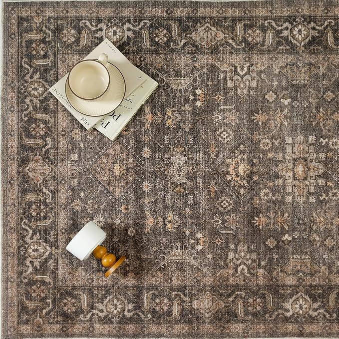 5x5 Washable Round Rug for Living Room Bedroom Vintage Brown Soft Low Pile - Image 7