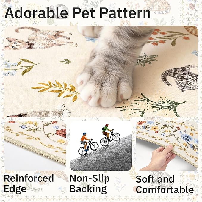 Cat 8x10 Area Rugs for Living Room, Machine Washable Animal Floral Vintage Rug - Image 6