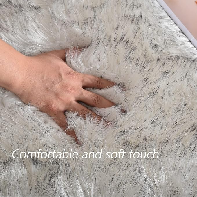 Latepis White with Grey Tips Round Rugs 5ft Washable Faux Sheepskin Fur Rug - Image 4