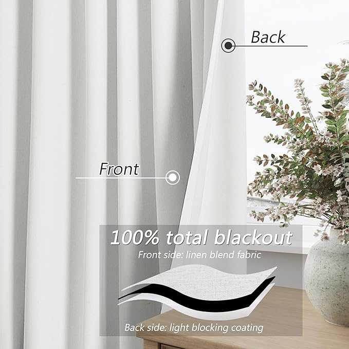 Guken White 100% Blackout Linen Curtains 52 Inch Wide by 74 Inch - Image 3