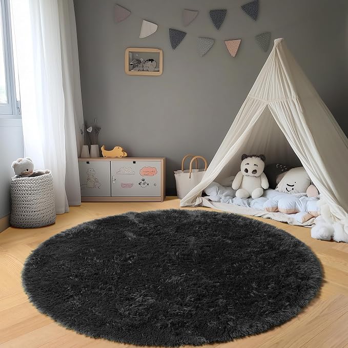 ONASAR Black Round Rugs 7ft for Living Room, Fluffy Bedroom Circle Area Rug - Image 4