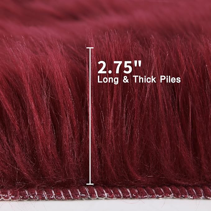 duduta Burgundy Faux Sheepskin Runner Rug 2x6 ft, Fluffy Shag Bedroom Dorm Rug - Image 2