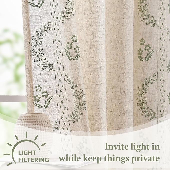 jinchan Belrose Linen Floral Cafe Curtains 54 Inch Length Embroidered Farmhouse - Image 6