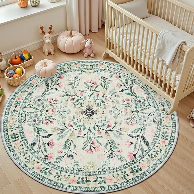 Round Area Rug for Living Room: 4 ft Floral Washable Circle Rug Soft Non-Slip - Image 5