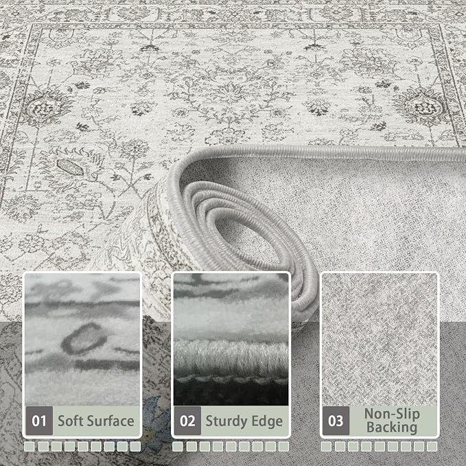 Grey White Area Rugs 10x14 Living Room, Non Slip Machine Washable Floral Rugs - Image 4