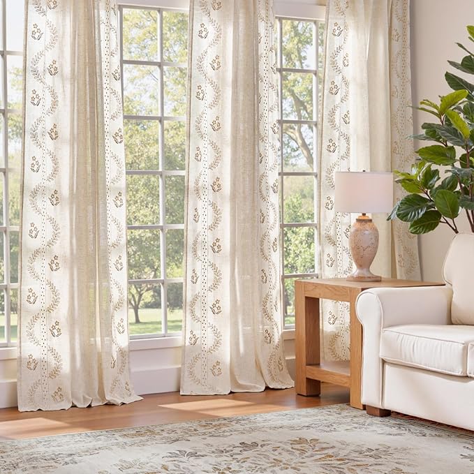 jinchan Belrose Linen Curtains for Bedroom Floral Curtains 63 Inch Length Linen - Image 3