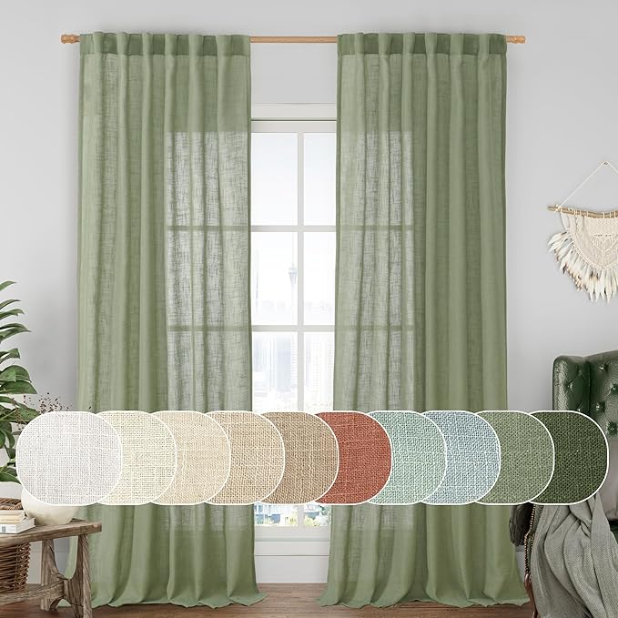 LAMIT Sheer Linen Curtains for Living Room, Back Tab and Rod Pocket Sage Green by LAMIT