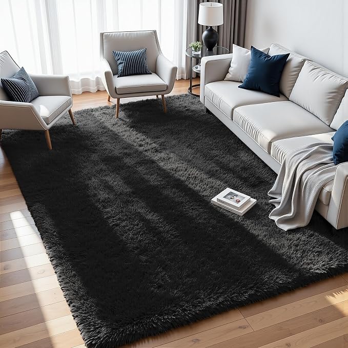 6x9 Area Rugs for Living Room Rug: Soft Fluffy Shag Black Rugs for Bedroom by CarpetAddColortoYourLife