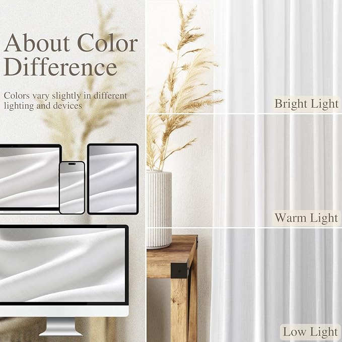 Nanspring Farmhouse Rustic White Linen Curtains 45 Inch Length Semi-Sheer Back - Image 4