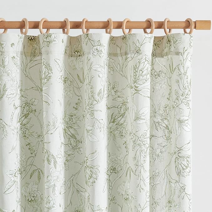 jinchan Floral Curtains 63 Inch Length Sage Green Flower Linen Farmhouse Curtain by JINCHAN