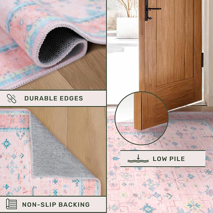 Washable Pink and Blue 7x9 Boho Rugs - Image 5