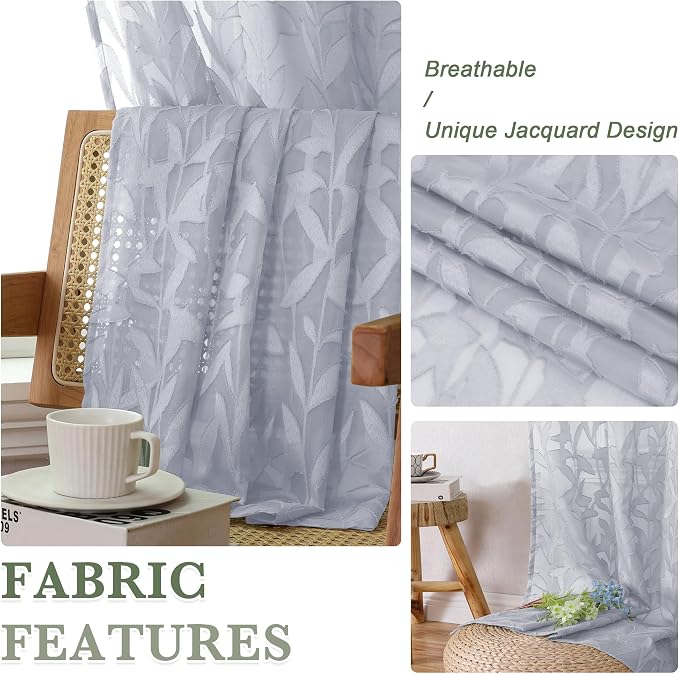 Lecloud Leia Light Grey Sheer Curtains 54 Inch Length 2 Panels, Light Reducing - Image 3