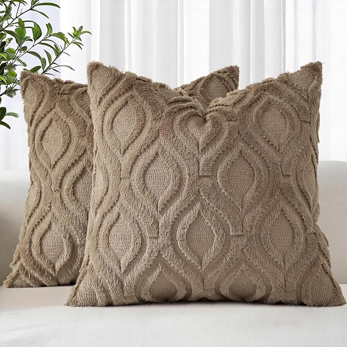 decorUhome Throw Pillow Covers 18x18 Inch Set of 2, Soft Plush Faux Wool Light by decorUhome