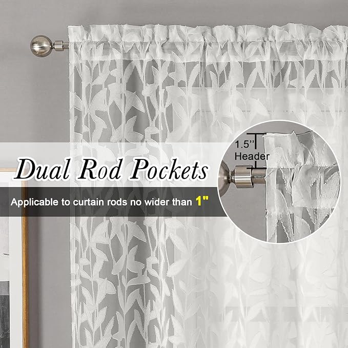 Lecloud Leia Clip Textured Leaf Ivory Sheer Curtain 63 Inch Length 2 Panels - Image 2