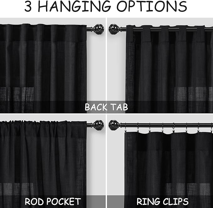 Black Linen Curtains 92 inches Long 2 Panels - Image 3