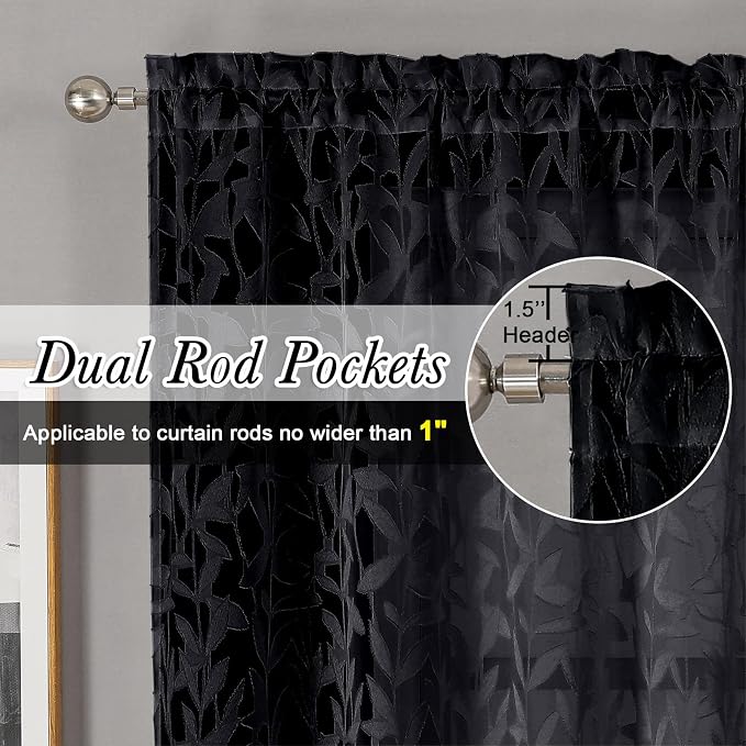 Lecloud Leia Black Sheer Curtains 90 Inches Long 2 Panels, Breathable Jacquard - Image 2