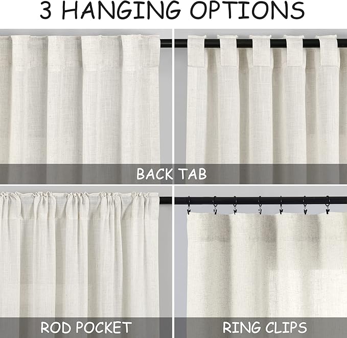Nanspring Cream 36 Inch Length Kitchen Curtains Linen Blend Back Tab Privacy - Image 3