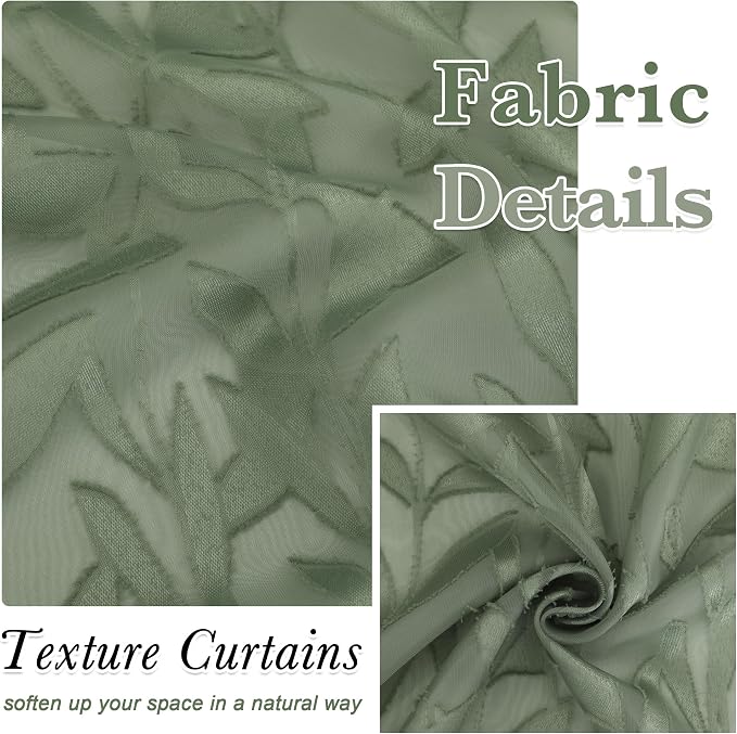 Lecloud Leia Sage Green Sheer Curtains 108 Inches Long 2 Panels, Airy Jacquard - Image 4