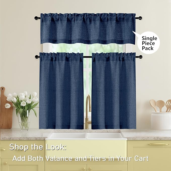 Navy Blue Valances for Windows, Light Filtering Faux Linen Textured Small Short - Image 6