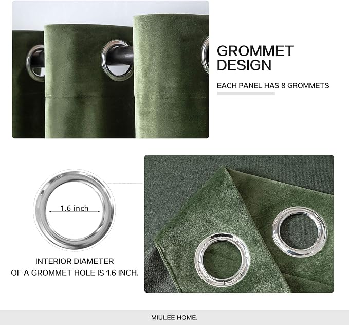 MIULEE Velvet Curtains Olive Green Elegant Grommet Curtains Thermal Insulated - Image 2