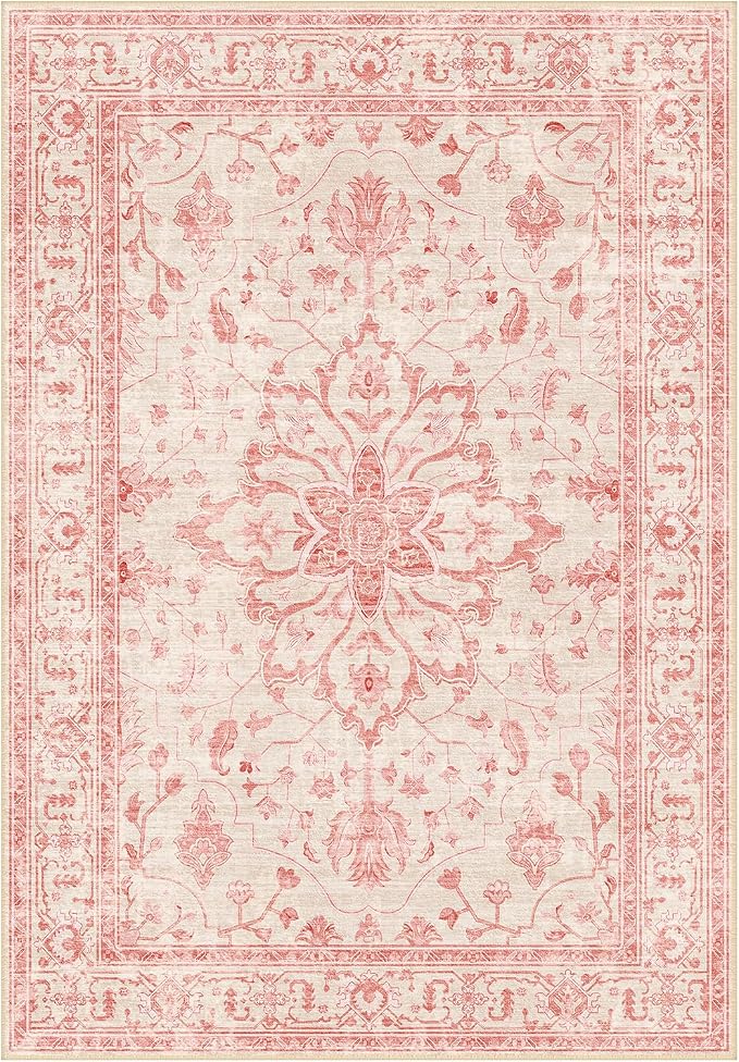RELEANY Area Rugs 4'x6' Washable Non-Slip, Floral Vintage Distress Print by RELEANY