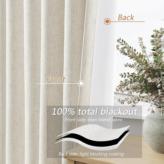 Guken Cream 100% Blackout Linen Curtains 96 Inch Length 2 Panels Set - Image 3
