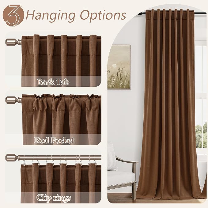 Guken Caramel Brown 100% Blackout Linen Curtains 72 Inch Length 2 Panels Set - Image 6