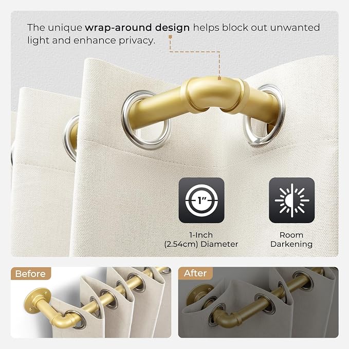 Zeerobee Curtain Rods for Windows 72 to 144, 1 Inch Industrial Wrap Around Gold - Image 3